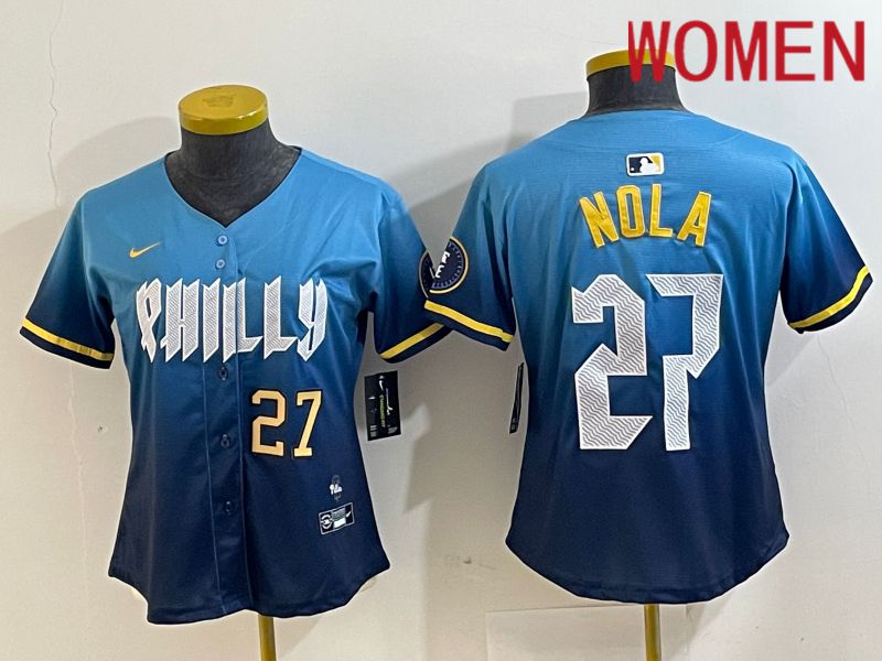 Women Philadelphia Phillies 27 Nola Blue City Edition Nike 2024 MLB Jersey style 3